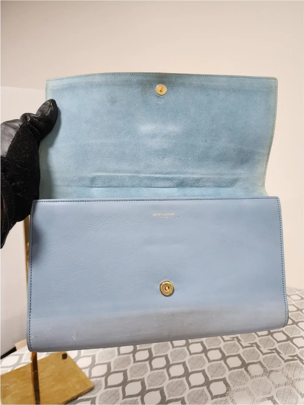 YVES SAINT LAURENT Calfskin Leather Ligne Y Clutch Bag Blue